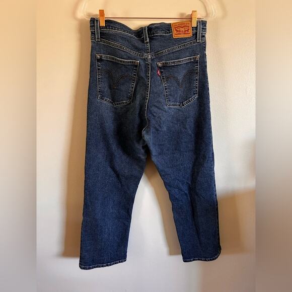 Levis Ribcage Straight Jean Dark Wash Denim Women's Size 32 Button Fly Wiskering - Picture 4 of 5